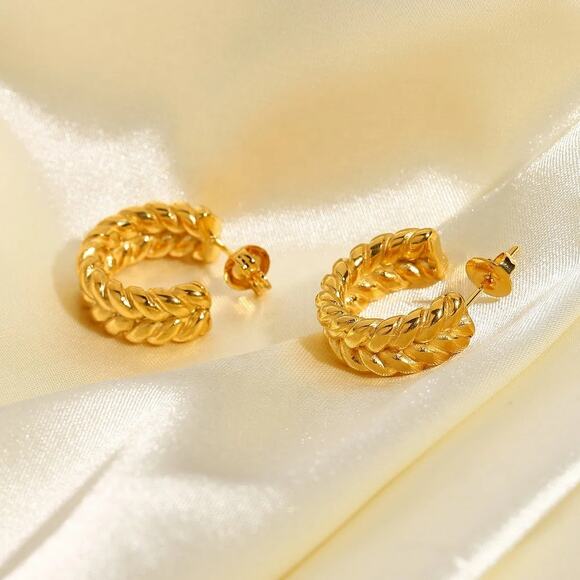 Vintage Woven C-Shape‎ Hoop Earrings 18K Gold Plated Stainless Steel - Picture 4 of 11